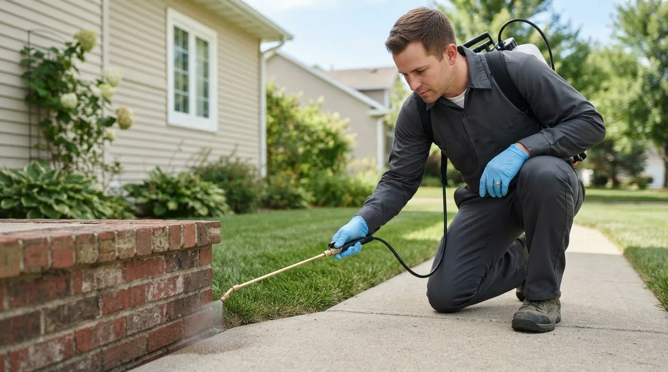 Pest control technician treating a home near Houston, OH