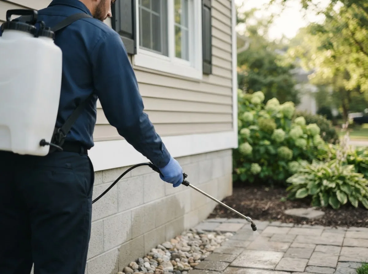 Pest control technician inspecting a home in Houston, OH